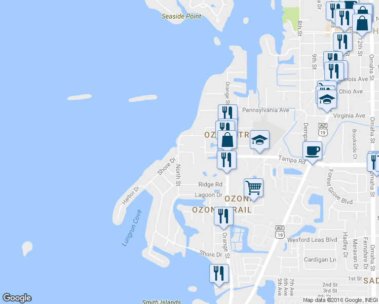 map of restaurants, bars, coffee shops, grocery stores, and more near 259 Banana Road in Palm Harbor