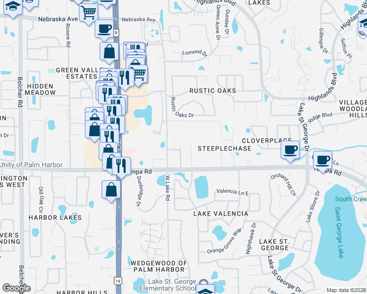map of restaurants, bars, coffee shops, grocery stores, and more near 417 Somerset Lane in Palm Harbor