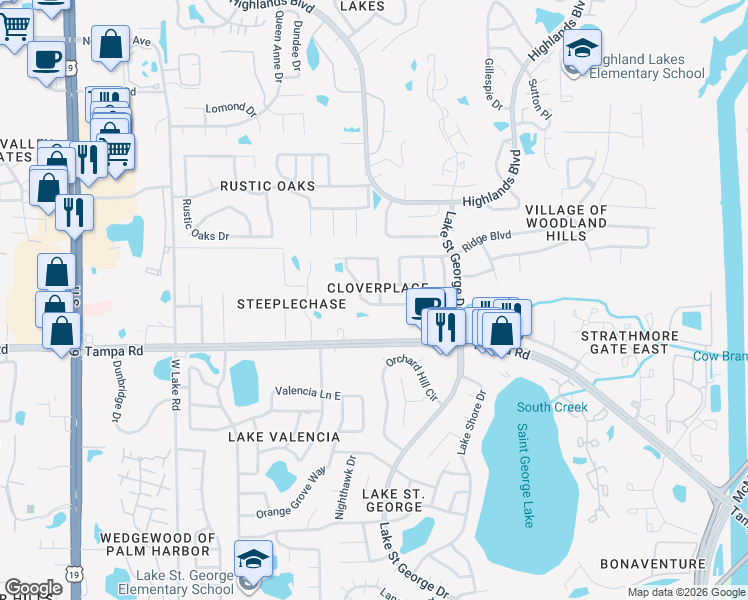 map of restaurants, bars, coffee shops, grocery stores, and more near 220 Phlox Drive in Palm Harbor