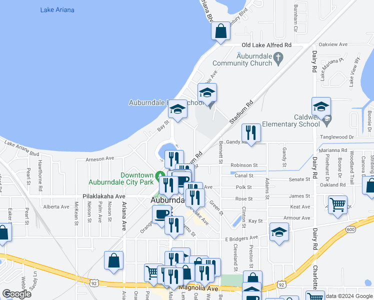 map of restaurants, bars, coffee shops, grocery stores, and more near 615 Hampton Street in Auburndale
