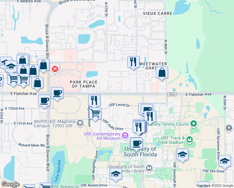 map of restaurants, bars, coffee shops, grocery stores, and more near 4100 East Fletcher Avenue in Tampa