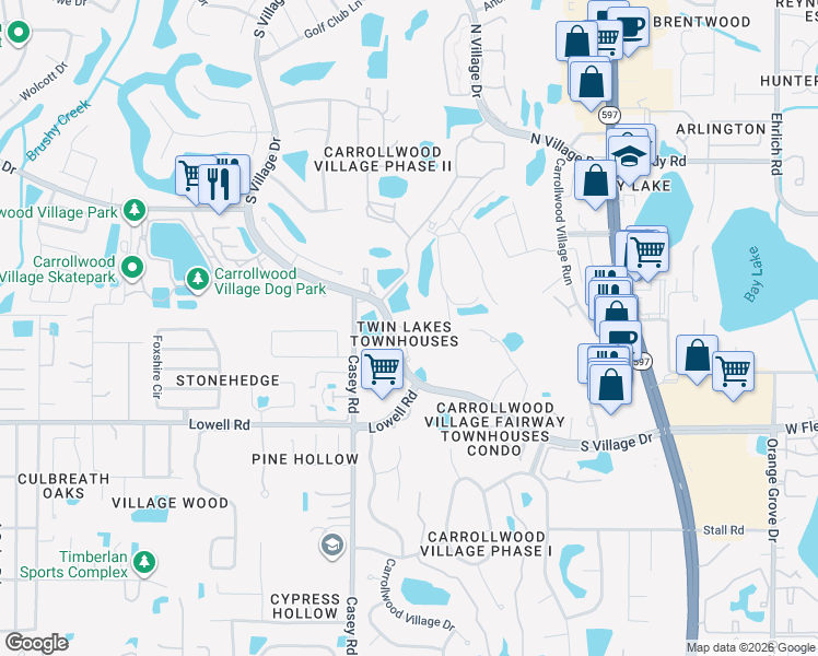 map of restaurants, bars, coffee shops, grocery stores, and more near 13629 Twin Lake Lane in Tampa