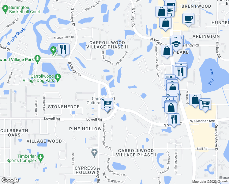 map of restaurants, bars, coffee shops, grocery stores, and more near 13629 Twin Lake Lane in Tampa