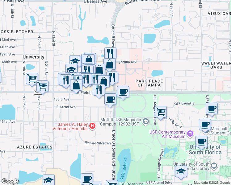 map of restaurants, bars, coffee shops, grocery stores, and more near E Fletcher Ave & Bruce B Downs Blvd in Tampa