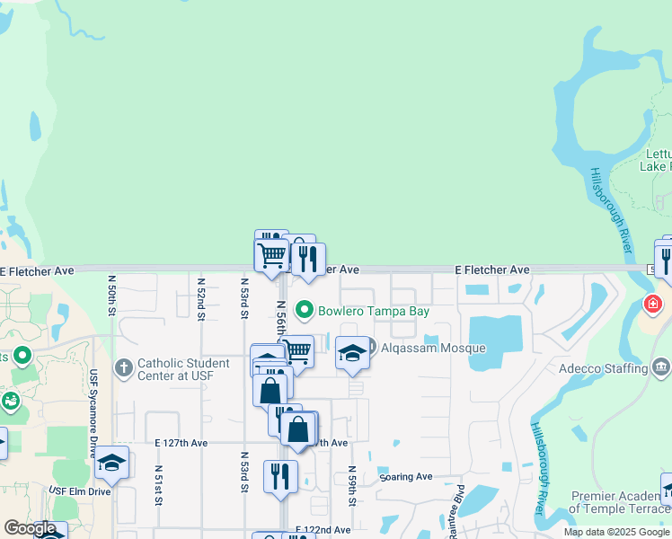map of restaurants, bars, coffee shops, grocery stores, and more near 13418 Dottie Drive in Tampa