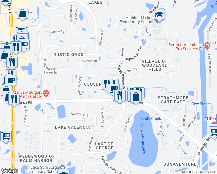 map of restaurants, bars, coffee shops, grocery stores, and more near 3269 Cloverplace Drive in Palm Harbor