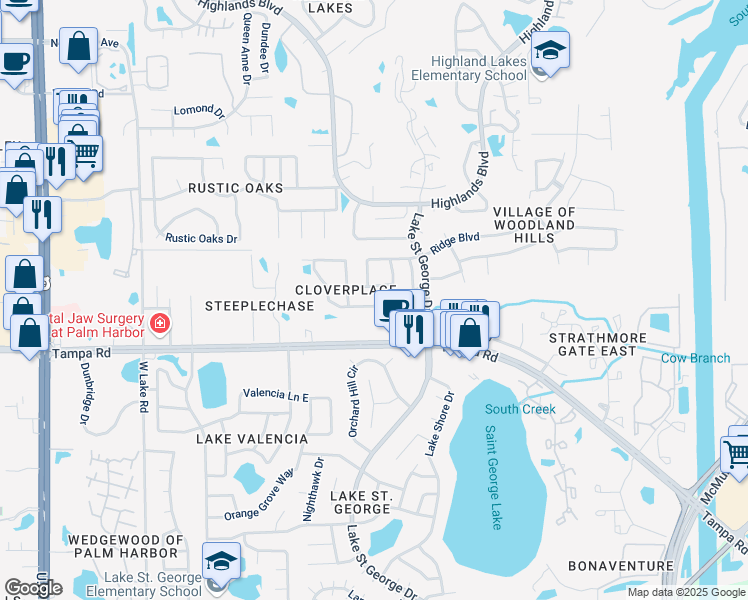 map of restaurants, bars, coffee shops, grocery stores, and more near 3269 Cloverplace Drive in Palm Harbor