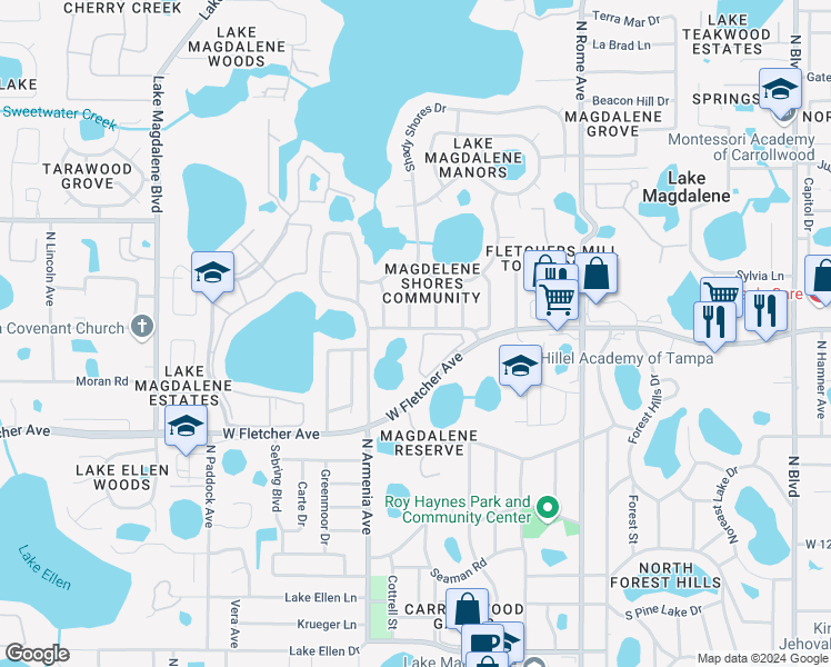 map of restaurants, bars, coffee shops, grocery stores, and more near 2201 Fletchers Point Circle in Tampa