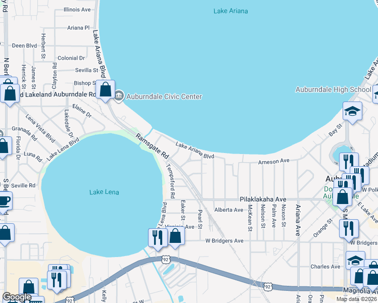 map of restaurants, bars, coffee shops, grocery stores, and more near 2408 Lake Ariana Boulevard in Auburndale
