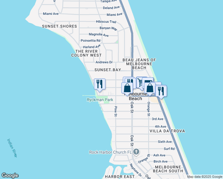 map of restaurants, bars, coffee shops, grocery stores, and more near 507 Avenue A in Melbourne Beach