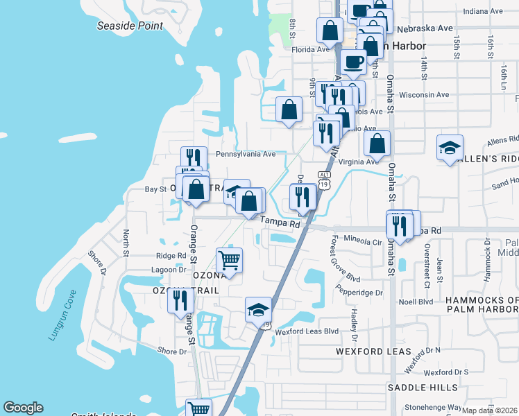 map of restaurants, bars, coffee shops, grocery stores, and more near 179 Margie Street in Palm Harbor