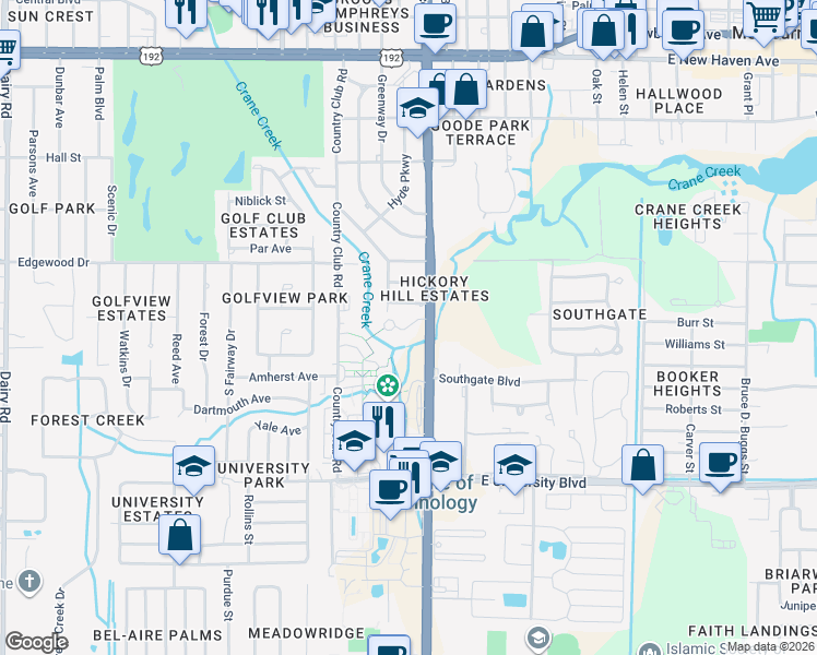 map of restaurants, bars, coffee shops, grocery stores, and more near Babbling Brook Place in Melbourne