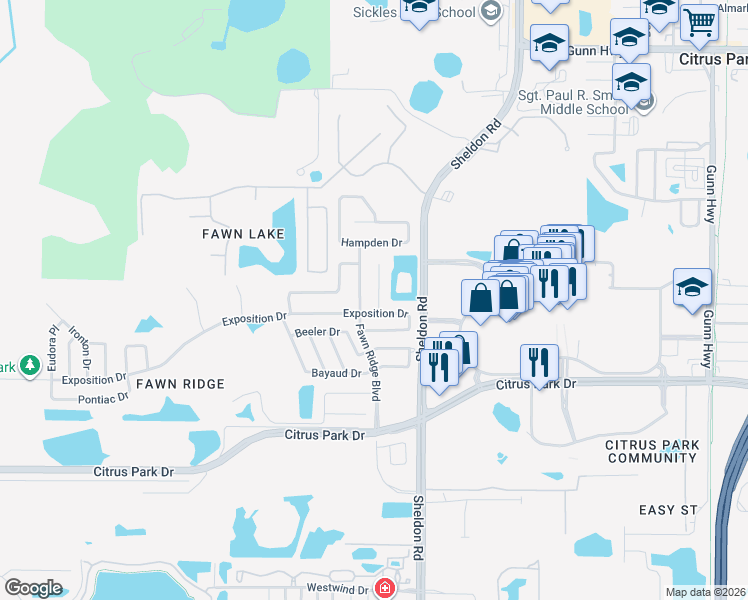 map of restaurants, bars, coffee shops, grocery stores, and more near 13506 Colorado Place in Tampa