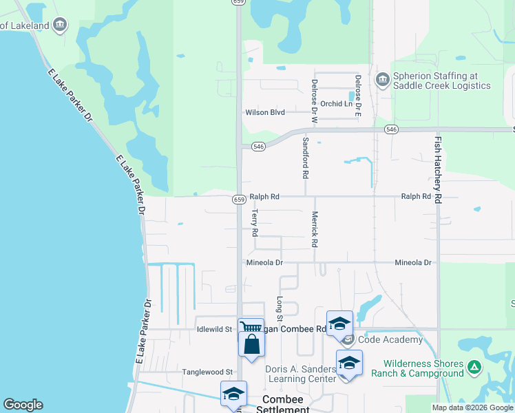 map of restaurants, bars, coffee shops, grocery stores, and more near 2613 Ralph Road in Lakeland