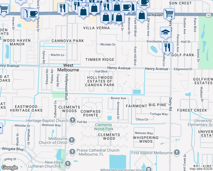map of restaurants, bars, coffee shops, grocery stores, and more near 518 Jennifer Circle in Melbourne