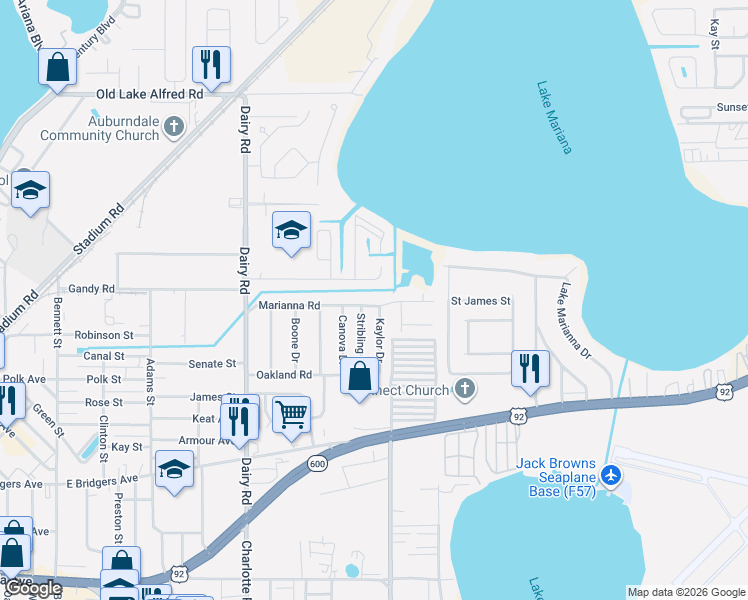 map of restaurants, bars, coffee shops, grocery stores, and more near 613 Marianna Road in Auburndale