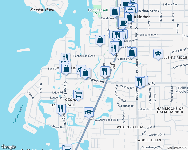 map of restaurants, bars, coffee shops, grocery stores, and more near 179 Margie Street in Palm Harbor