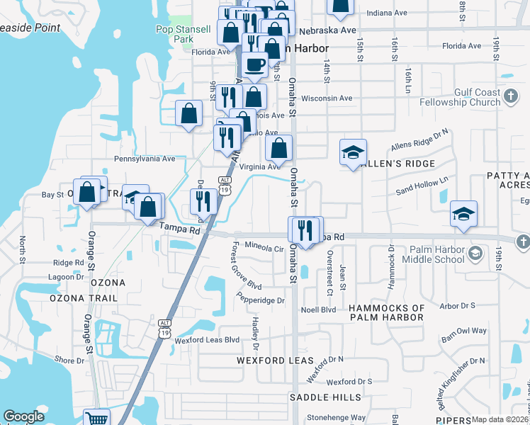 map of restaurants, bars, coffee shops, grocery stores, and more near 192 Brookside Court in Palm Harbor