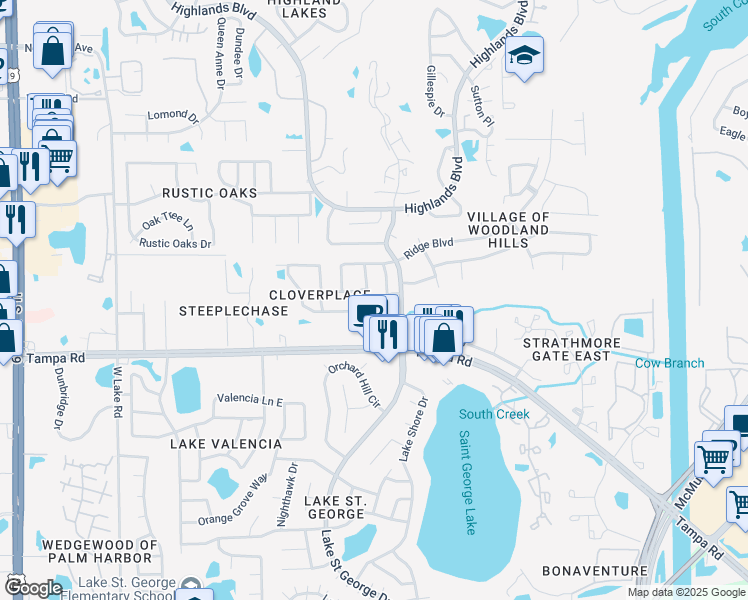 map of restaurants, bars, coffee shops, grocery stores, and more near 269 Petrea Drive in Palm Harbor