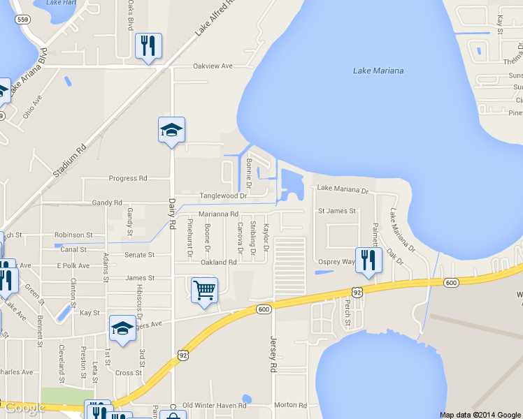 map of restaurants, bars, coffee shops, grocery stores, and more near 613 Marianna Road in Auburndale