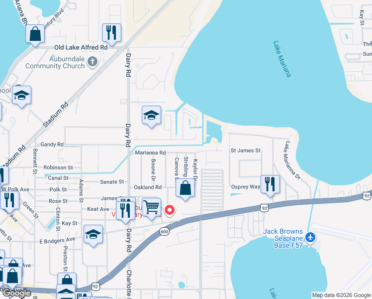 map of restaurants, bars, coffee shops, grocery stores, and more near 611 Marianna Road in Auburndale