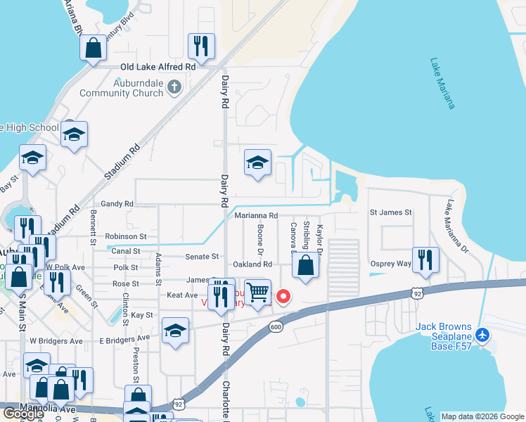 map of restaurants, bars, coffee shops, grocery stores, and more near 517 Marianna Road in Auburndale