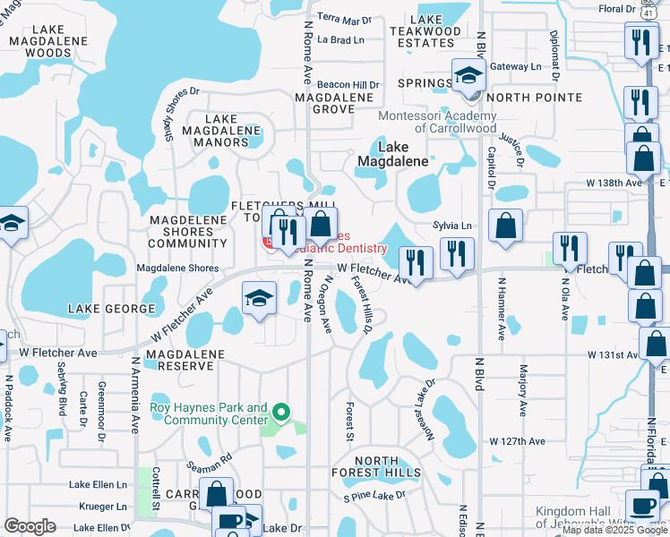map of restaurants, bars, coffee shops, grocery stores, and more near 1404 West Fletcher Avenue in Tampa