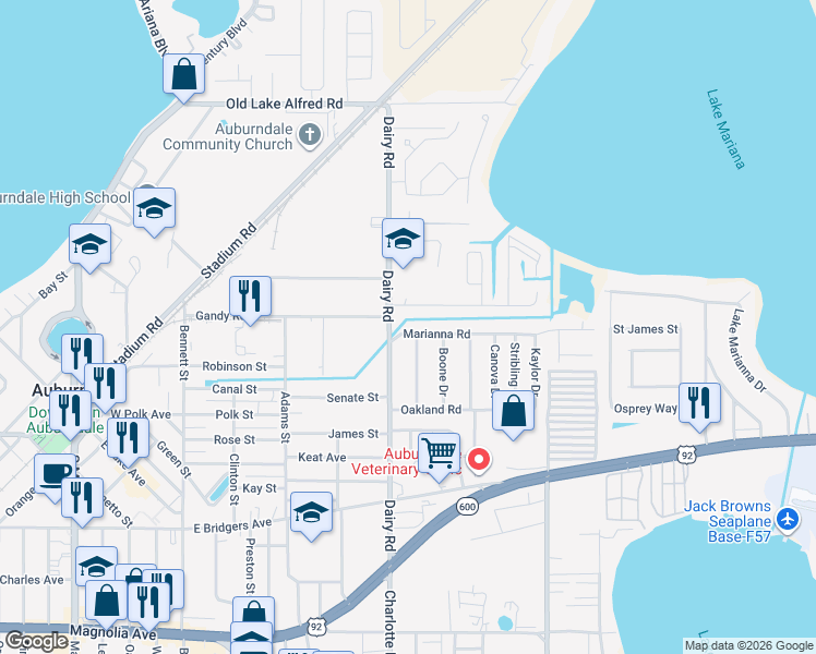 map of restaurants, bars, coffee shops, grocery stores, and more near 503 Marianna Road in Auburndale