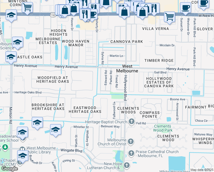 map of restaurants, bars, coffee shops, grocery stores, and more near 568 Edward Road in Melbourne