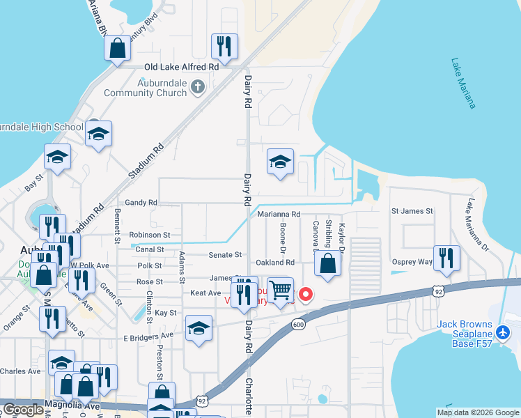 map of restaurants, bars, coffee shops, grocery stores, and more near 503 Marianna Road in Auburndale