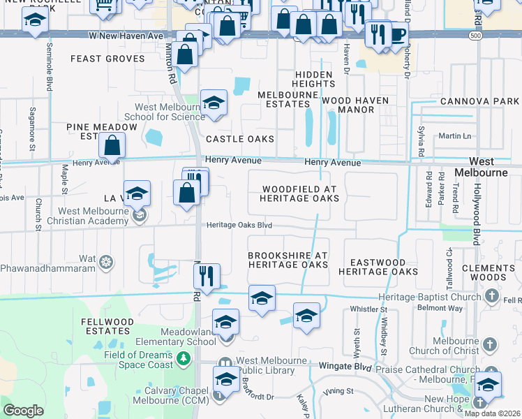 map of restaurants, bars, coffee shops, grocery stores, and more near 1872 Woodfield Circle in Melbourne