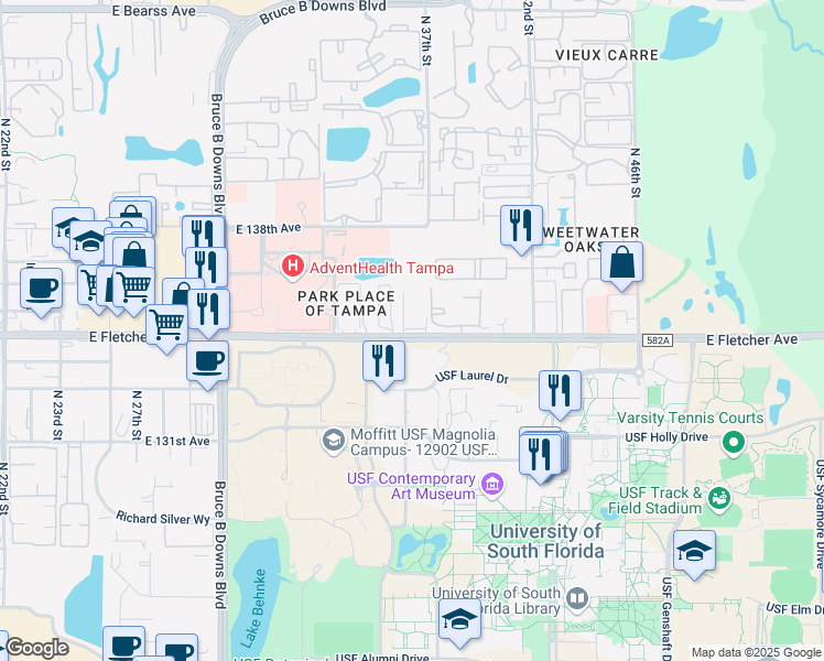 map of restaurants, bars, coffee shops, grocery stores, and more near 3600 College Park Circle in Tampa