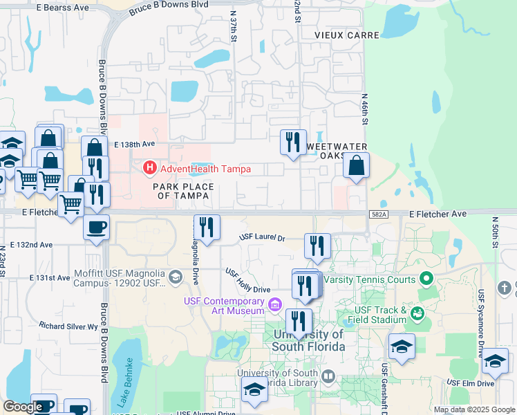 map of restaurants, bars, coffee shops, grocery stores, and more near 4100 East Fletcher Avenue in Tampa