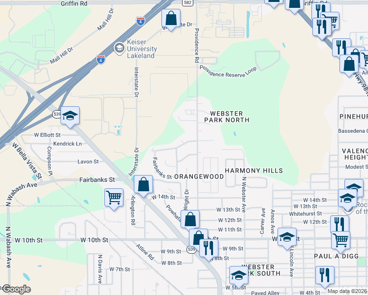 map of restaurants, bars, coffee shops, grocery stores, and more near 1224 Robert King High Drive in Lakeland