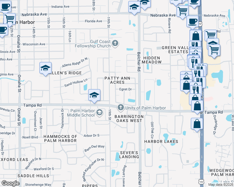 map of restaurants, bars, coffee shops, grocery stores, and more near 50 Ibis Place in Palm Harbor