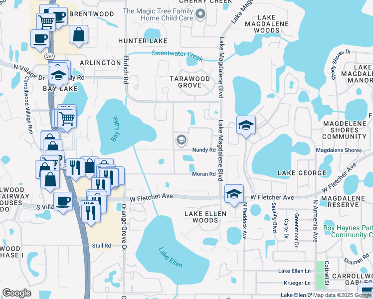 map of restaurants, bars, coffee shops, grocery stores, and more near 3215 Nundy Road in Tampa