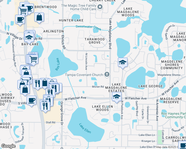 map of restaurants, bars, coffee shops, grocery stores, and more near 3215 Nundy Road in Tampa