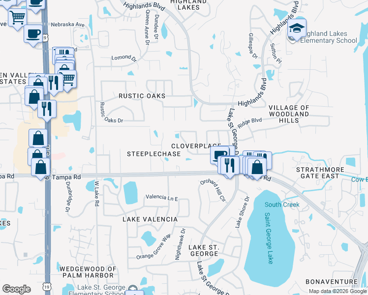 map of restaurants, bars, coffee shops, grocery stores, and more near 3154 Cloverplace Drive in Palm Harbor