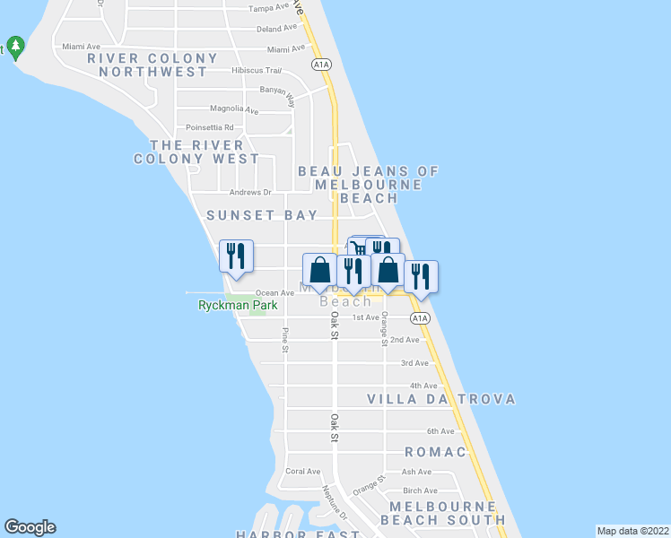 map of restaurants, bars, coffee shops, grocery stores, and more near 802 South Highway A1A in Melbourne Beach