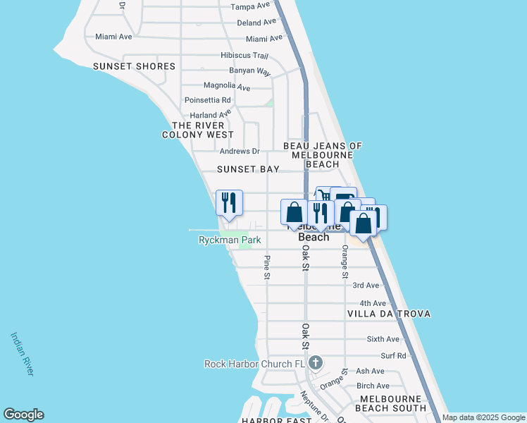 map of restaurants, bars, coffee shops, grocery stores, and more near 507 Avenue A in Melbourne Beach