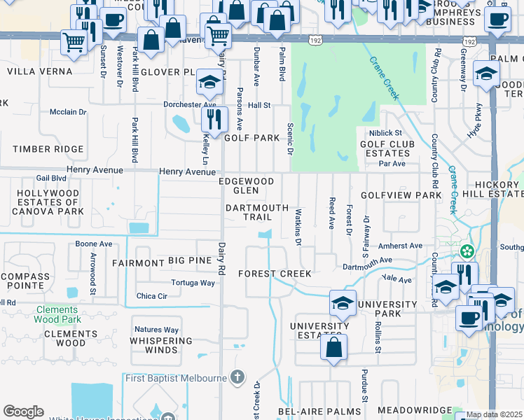 map of restaurants, bars, coffee shops, grocery stores, and more near 2612 Aristocrat Drive in Melbourne