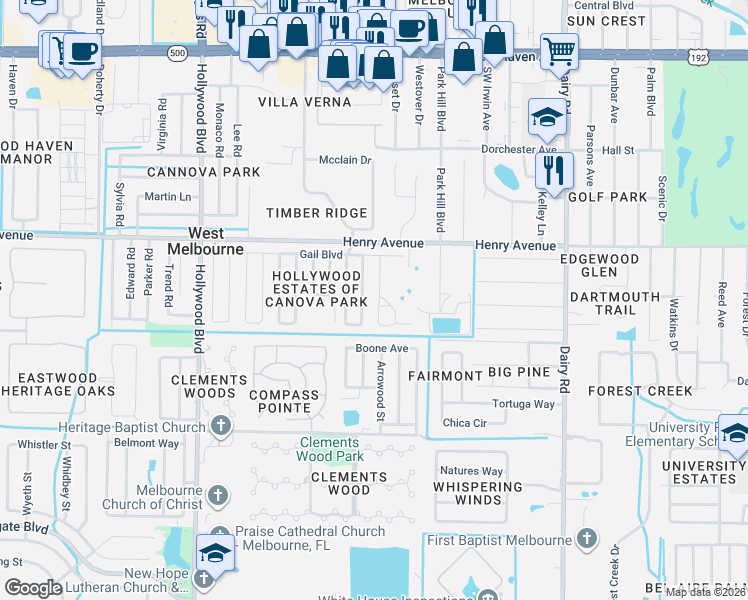 map of restaurants, bars, coffee shops, grocery stores, and more near 520 Susan Drive in Melbourne