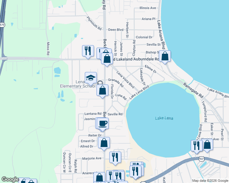 map of restaurants, bars, coffee shops, grocery stores, and more near 213 Florida Drive in Auburndale
