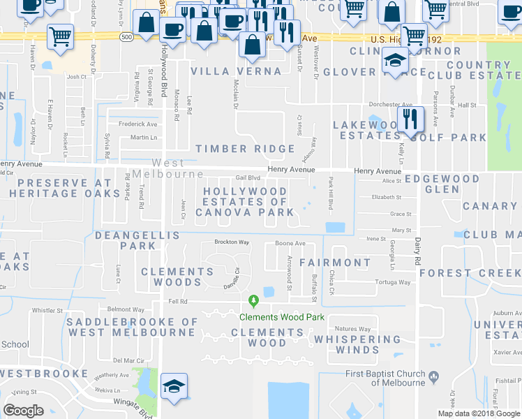 map of restaurants, bars, coffee shops, grocery stores, and more near 518 Jennifer Circle in Melbourne