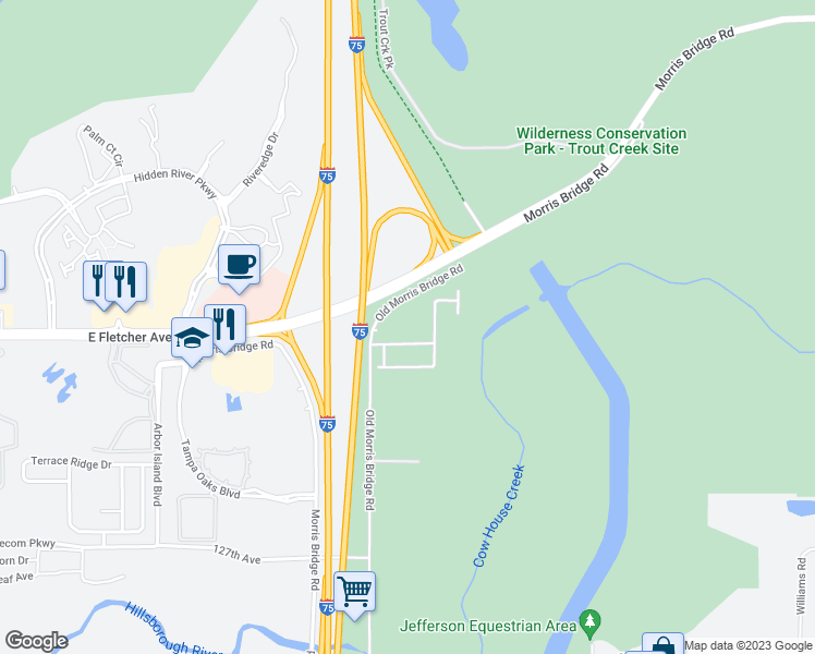 map of restaurants, bars, coffee shops, grocery stores, and more near 12397 Old Morris Bridge Road in Tampa