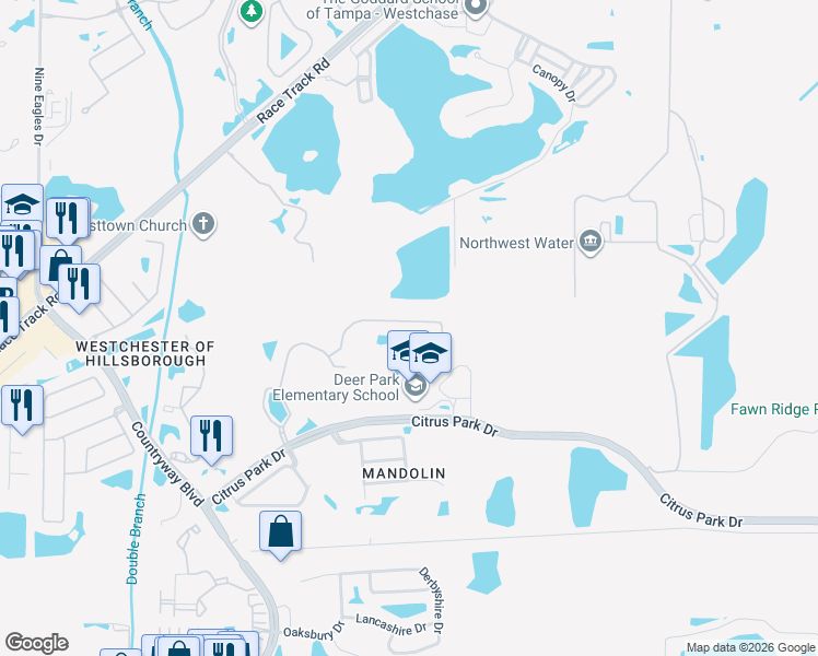 map of restaurants, bars, coffee shops, grocery stores, and more near 11632 Renaissance View Court in Tampa