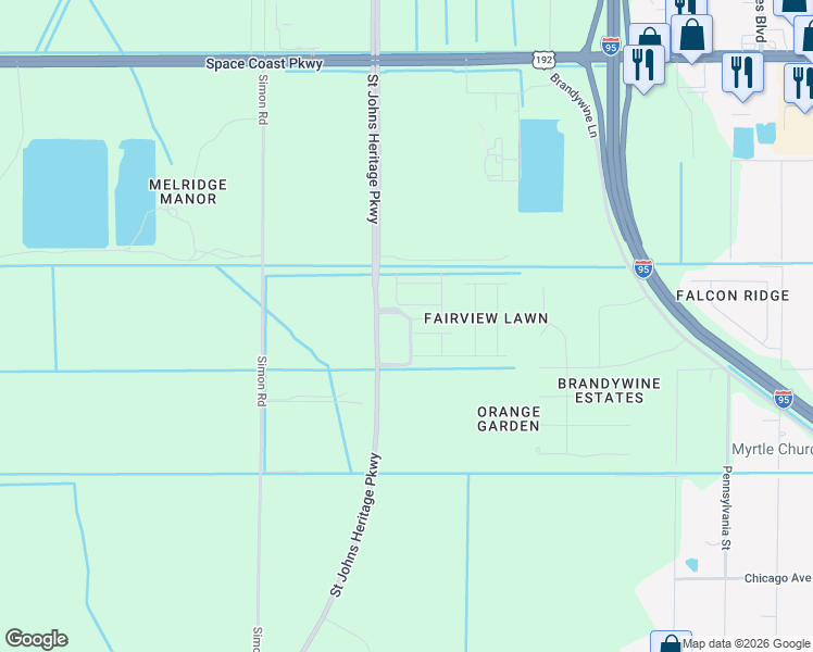 map of restaurants, bars, coffee shops, grocery stores, and more near 2505 Simon Road in Melbourne