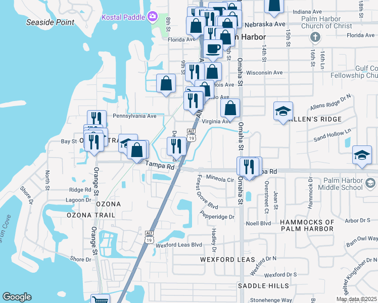 map of restaurants, bars, coffee shops, grocery stores, and more near 220 Palm Harbor Boulevard in Palm Harbor