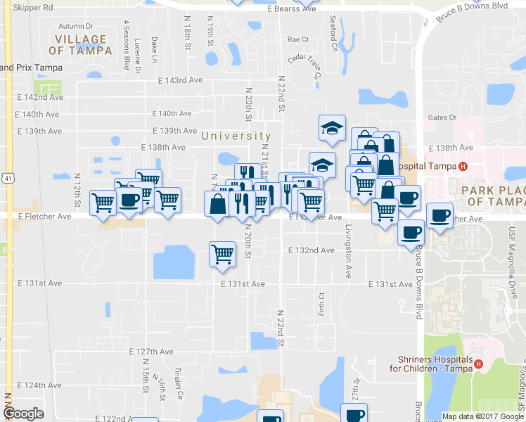 map of restaurants, bars, coffee shops, grocery stores, and more near 2010 East Fletcher Avenue in Tampa