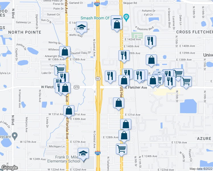 map of restaurants, bars, coffee shops, grocery stores, and more near 722 East Fletcher Avenue in Tampa